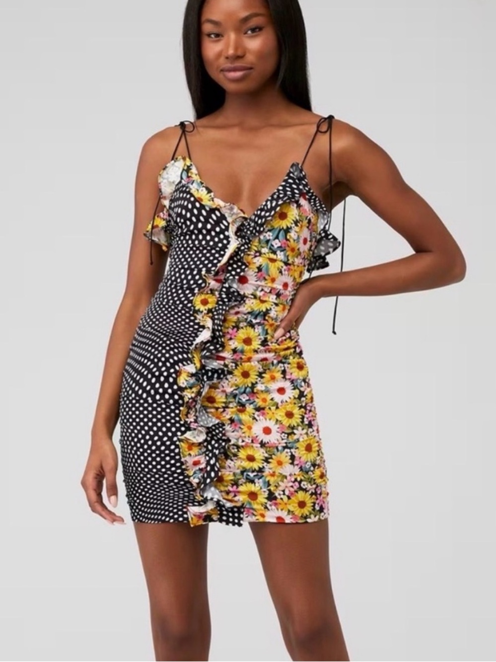 For Love & Lemons Floral & Polka Dot Ruffle Slip Mini Dress Black Yellow J10